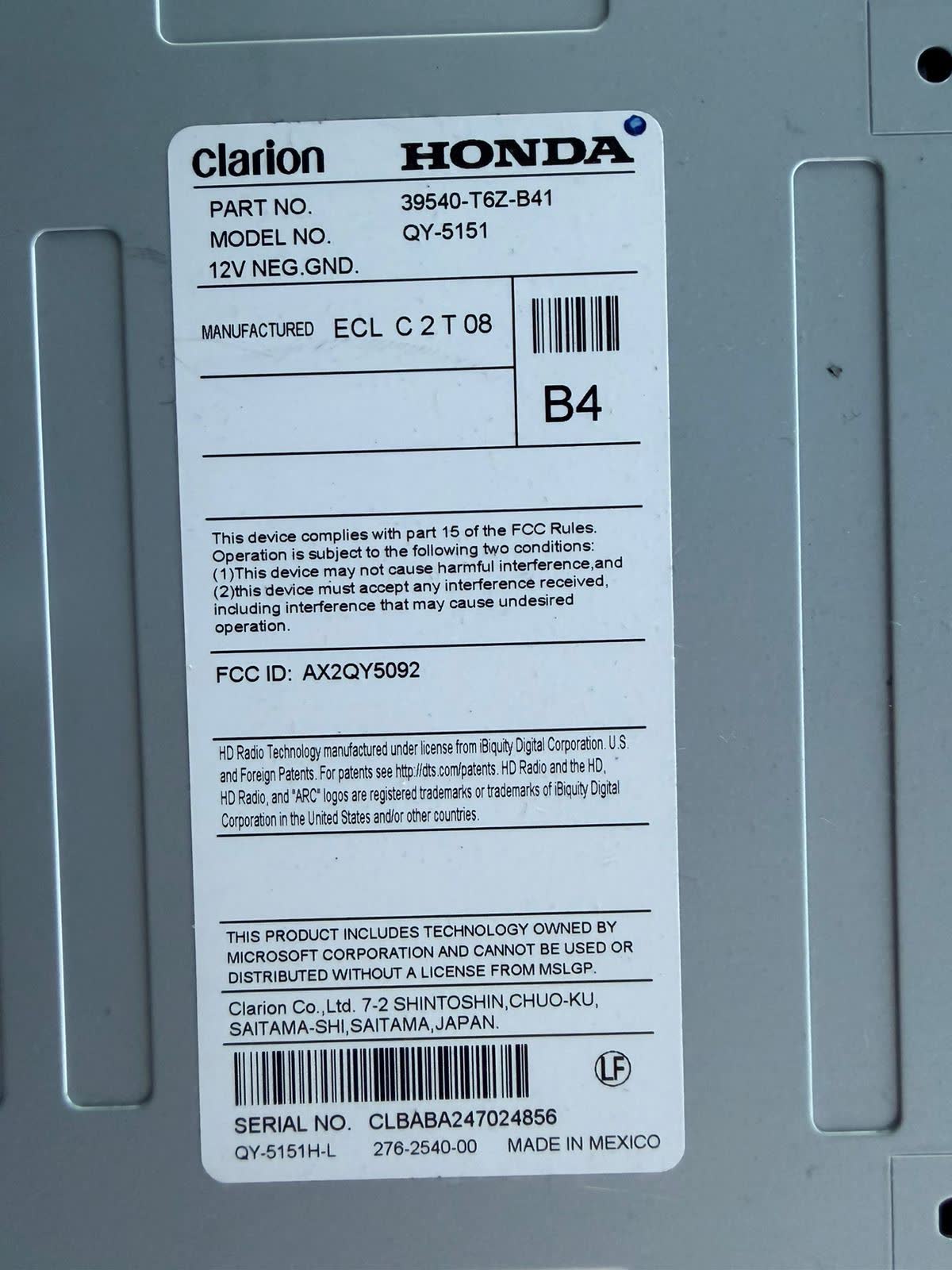 Honda Clarion QY-5151 radio label with part number 39540-T6Z-B41 and the serial number at the bottom